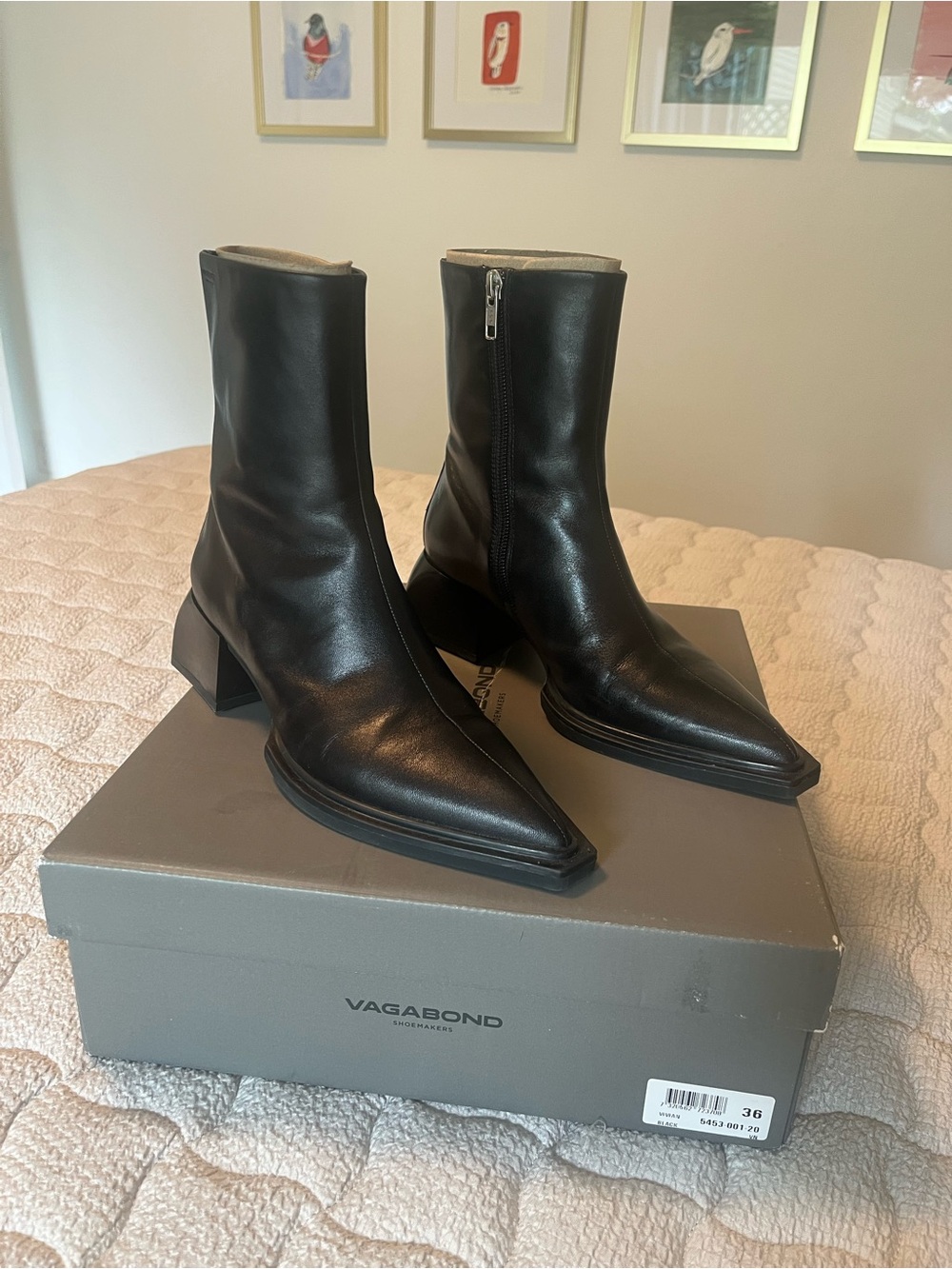 Vagabond Black Leather Square-Toe Ankle Boots with Block Heel